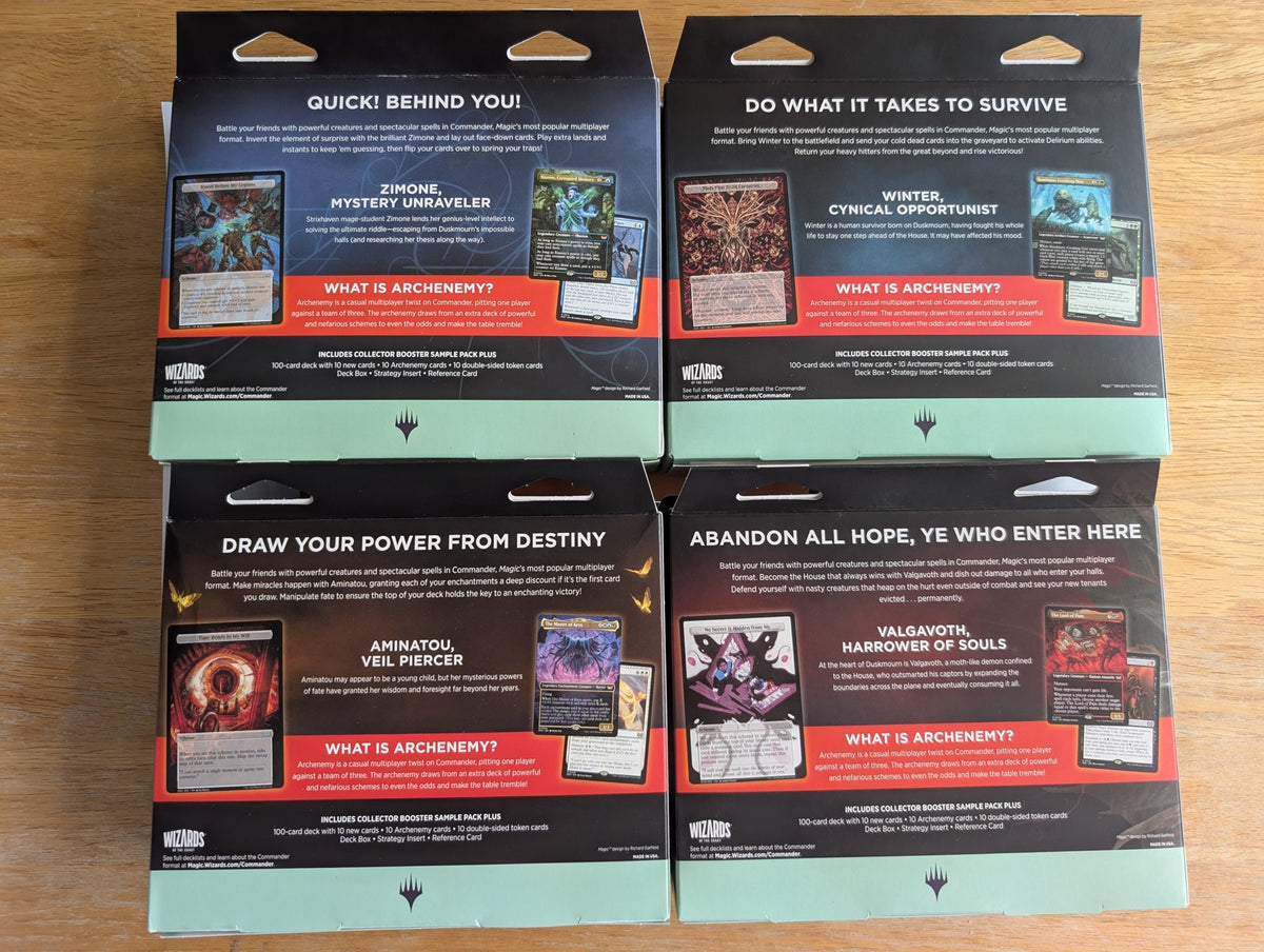 Duskmourn Commander Deck Set - all four decks, box backs, real product photo