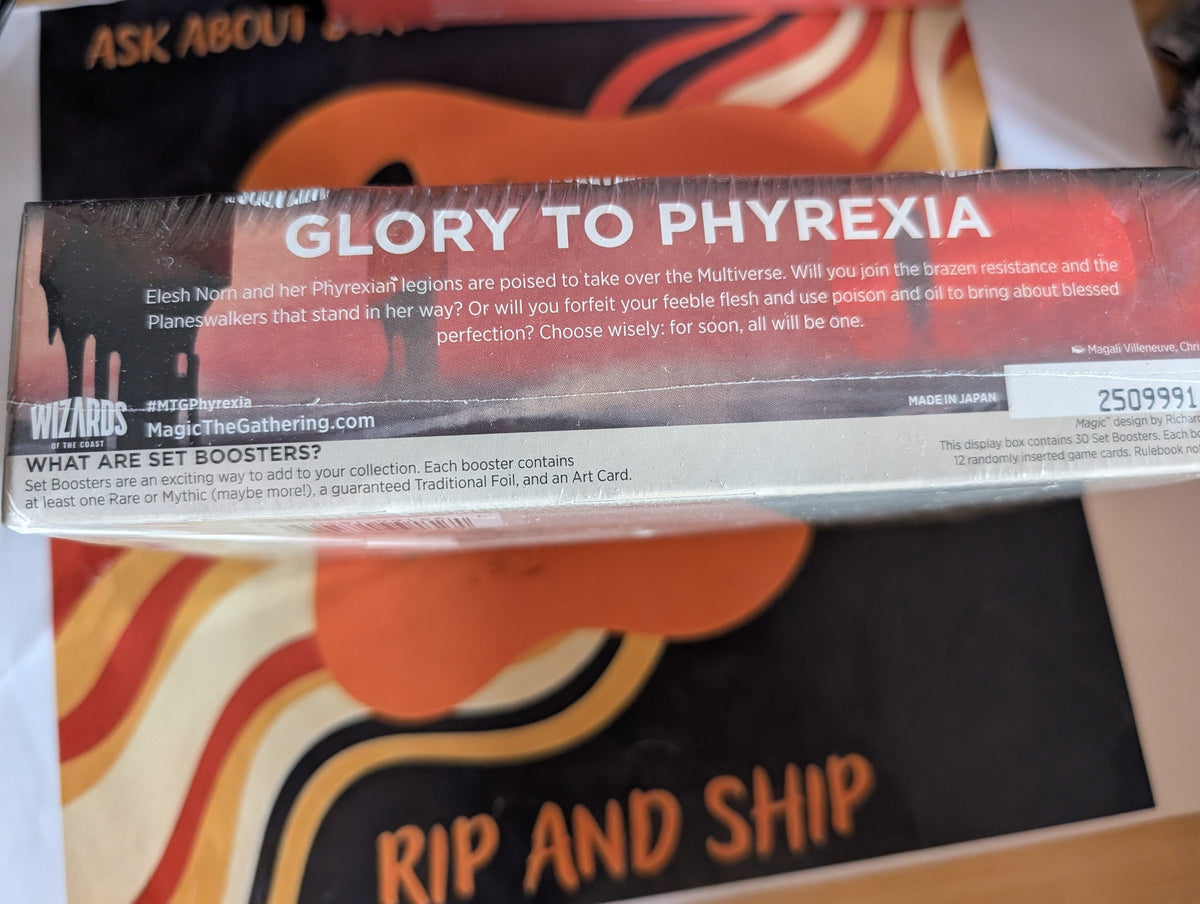 Phyrexia: All Will Be One Set Booster Box — sealed, real product photo (back)